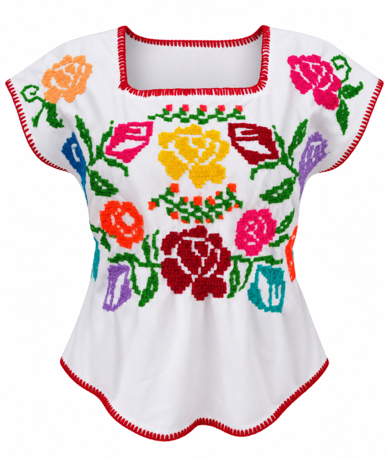 Blusa blanca bordada con flores mexicanas