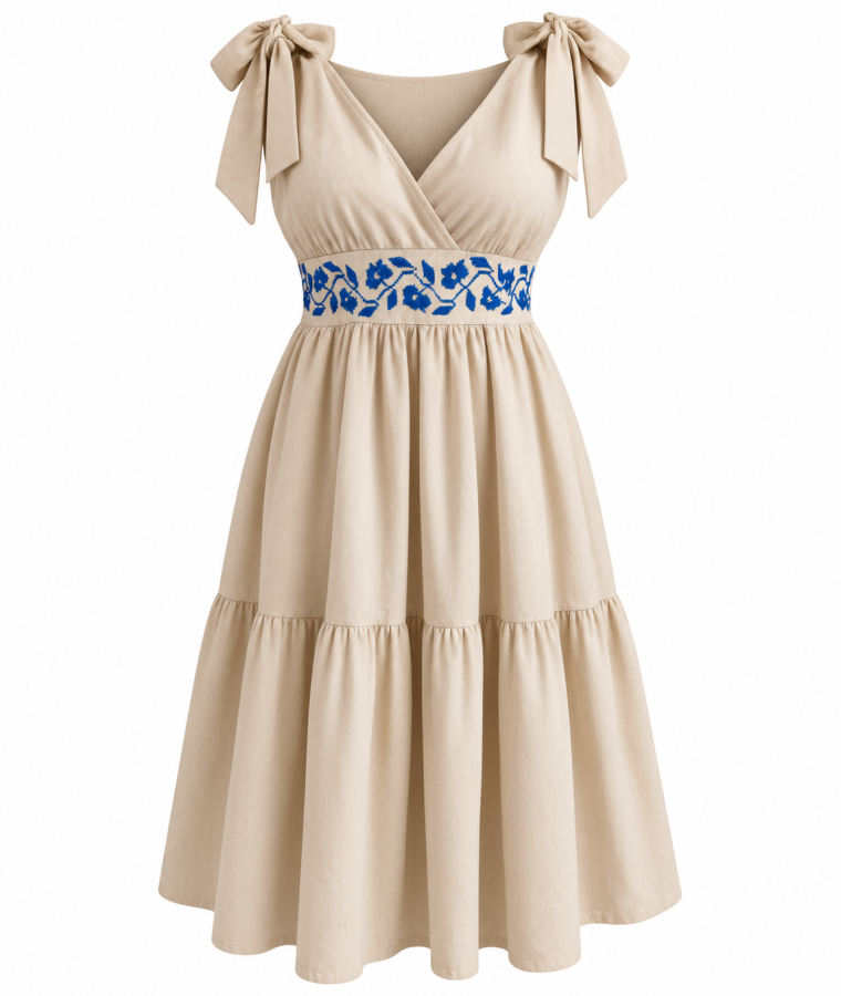 Vestido beige con bordado azul y lazos