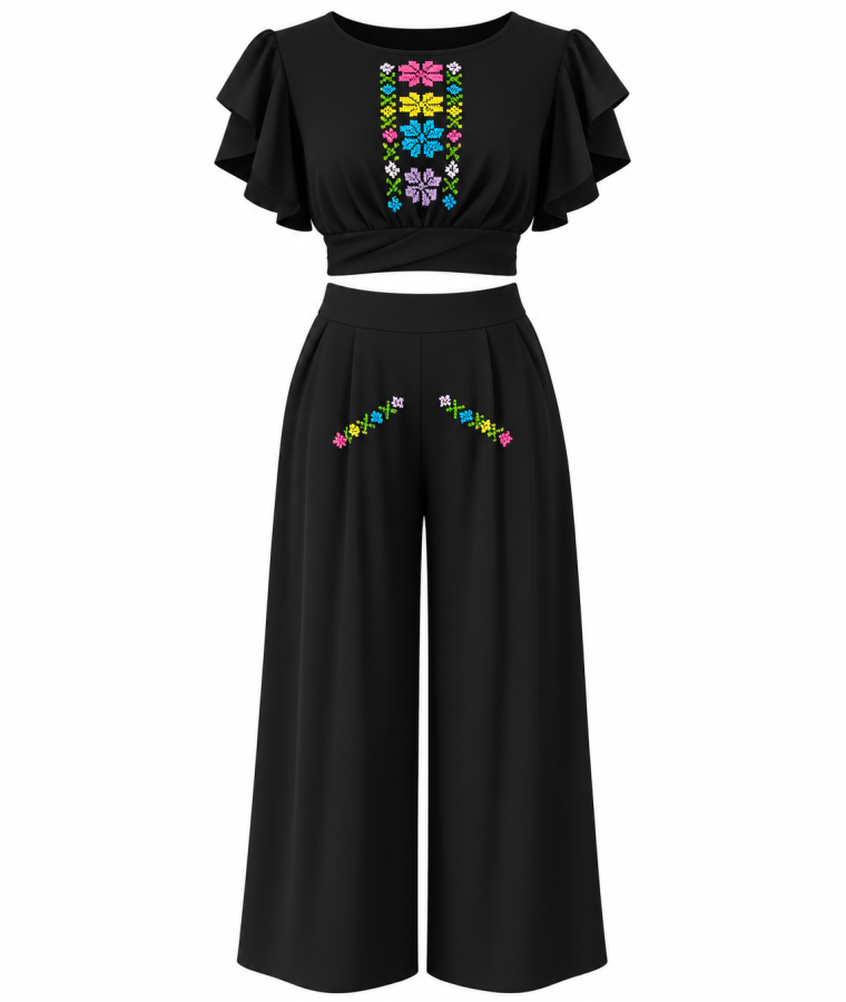 Conjunto negro con bordado floral colorido