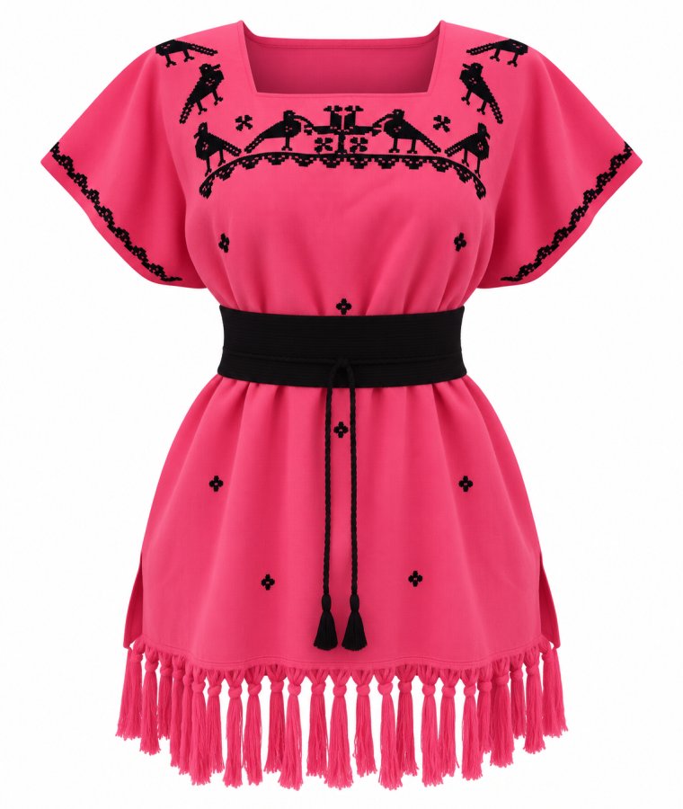 Túnica bohemia rosa con bordados negros