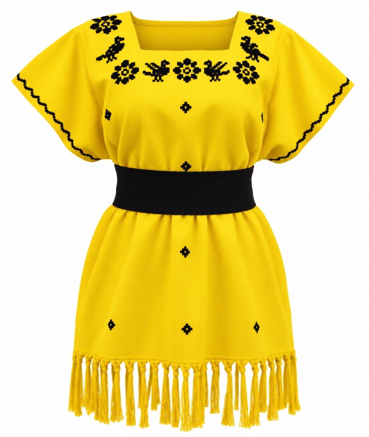 Vestido amarillo bordado con flecos negros