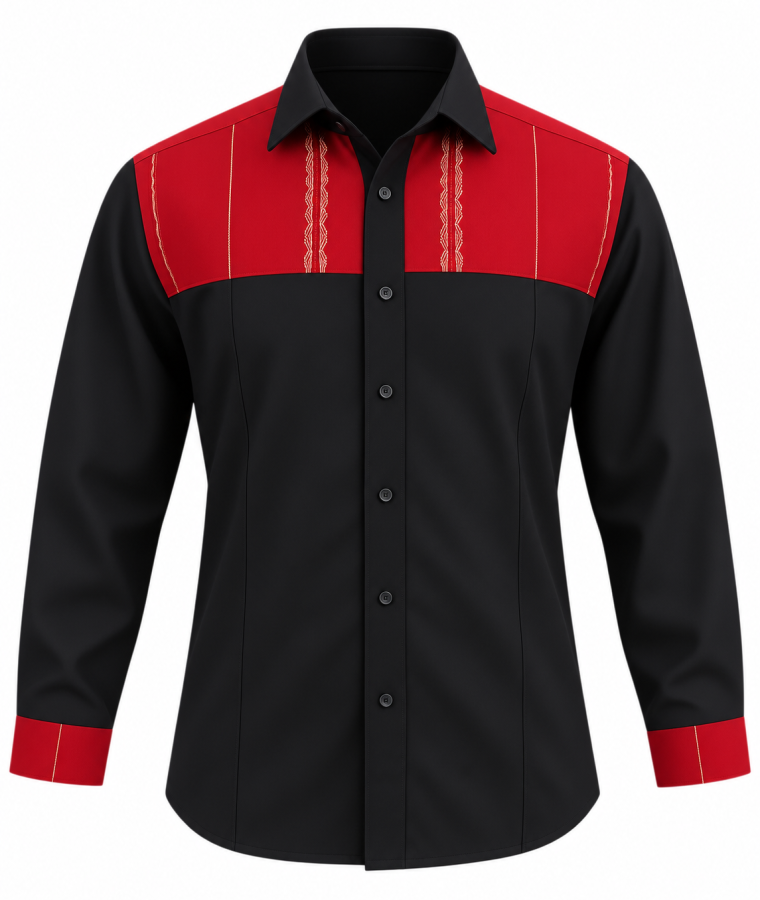 Camisa negra con detalles rojos y bordados