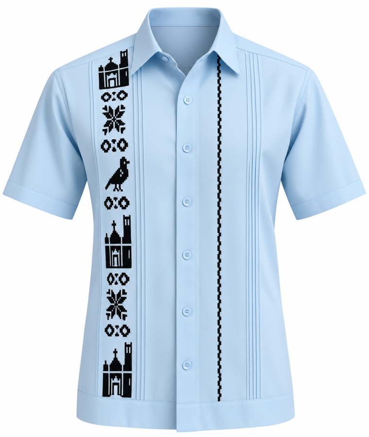 Guayabera azul con bordado tradicional