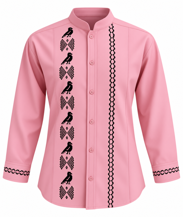 Guayabera rosa con bordado geométrico