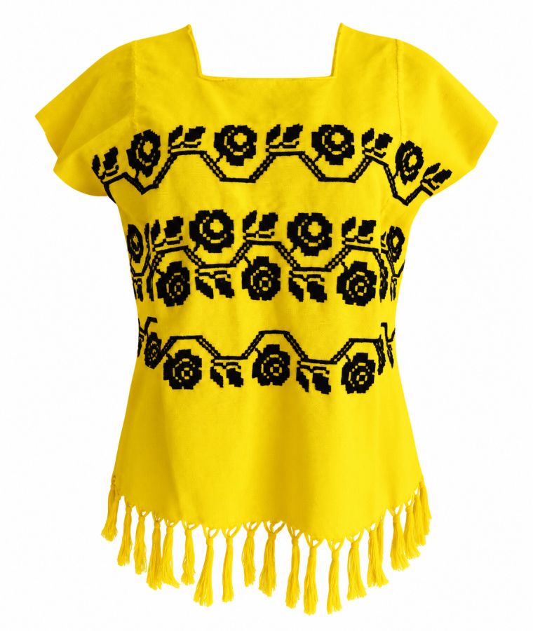 Blusa amarilla con bordado geométrico negro