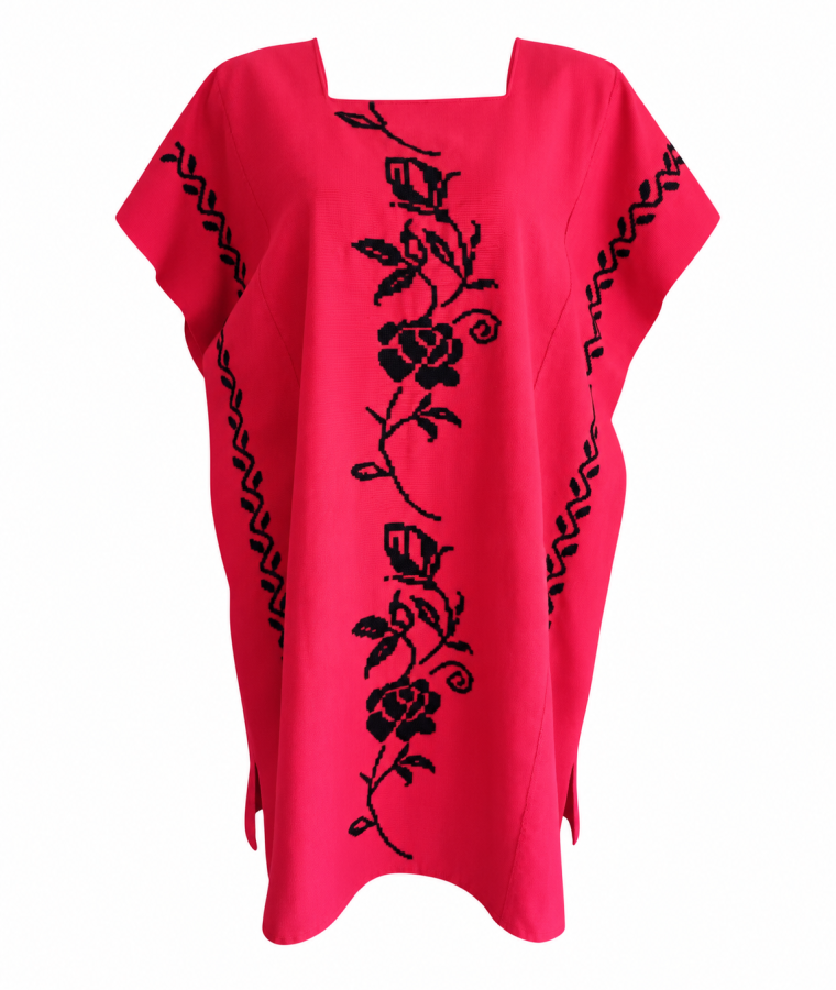 Túnica fucsia con bordados florales negros