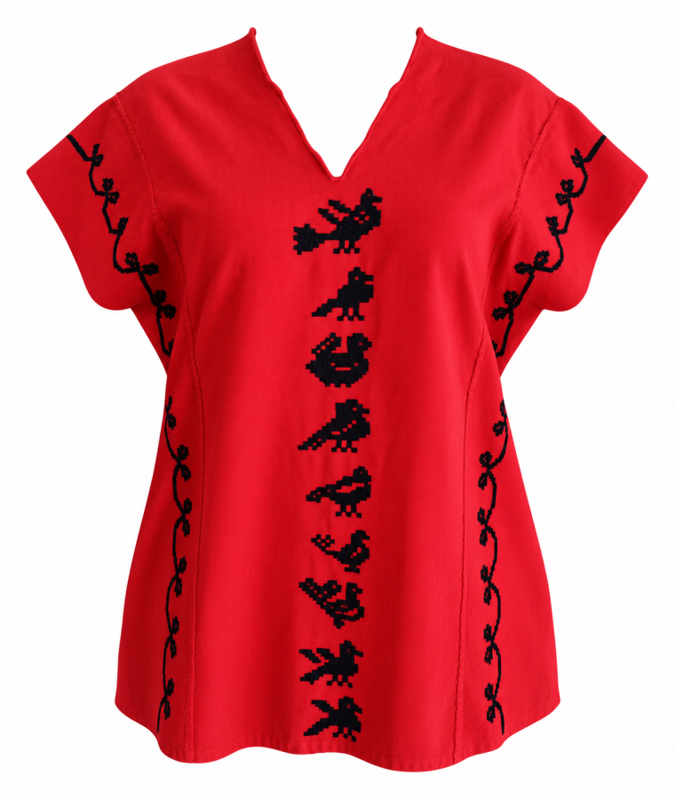 Blusa roja bordada con aves y flores