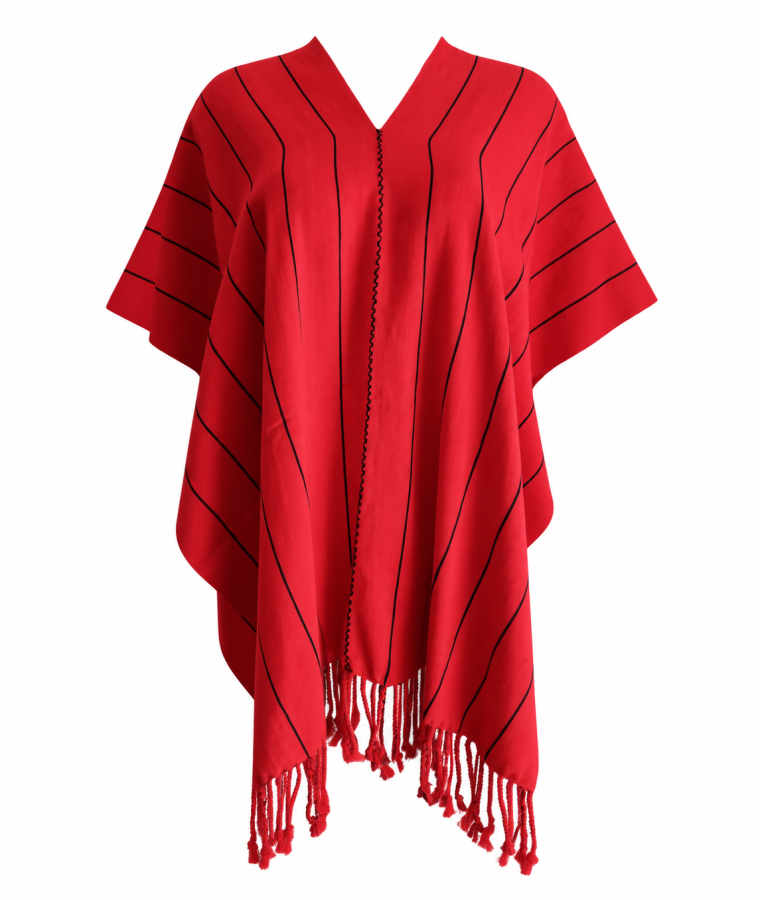 Poncho rojo con flecos y rayas negras